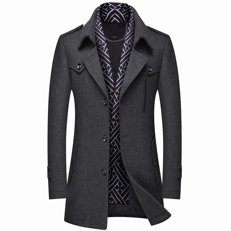 Thick Men's Woolen Trench Coat And Scarf Mid-Length Woolen Coat