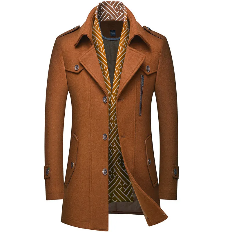 Thick Men's Woolen Trench Coat And Scarf Mid-Length Woolen Coat
