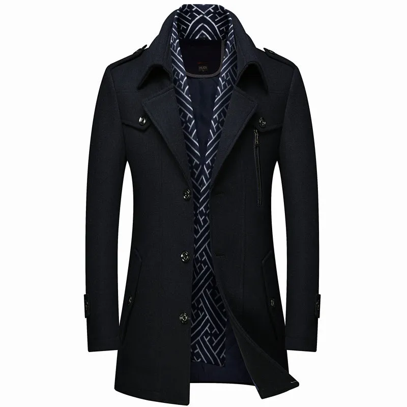 Thick Men's Woolen Trench Coat And Scarf Mid-Length Woolen Coat