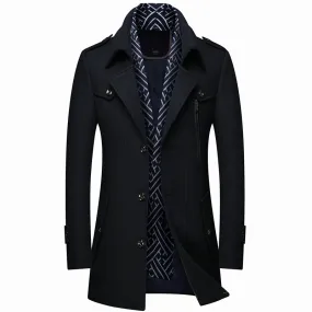 Thick Men's Woolen Trench Coat And Scarf Mid-Length Woolen Coat
