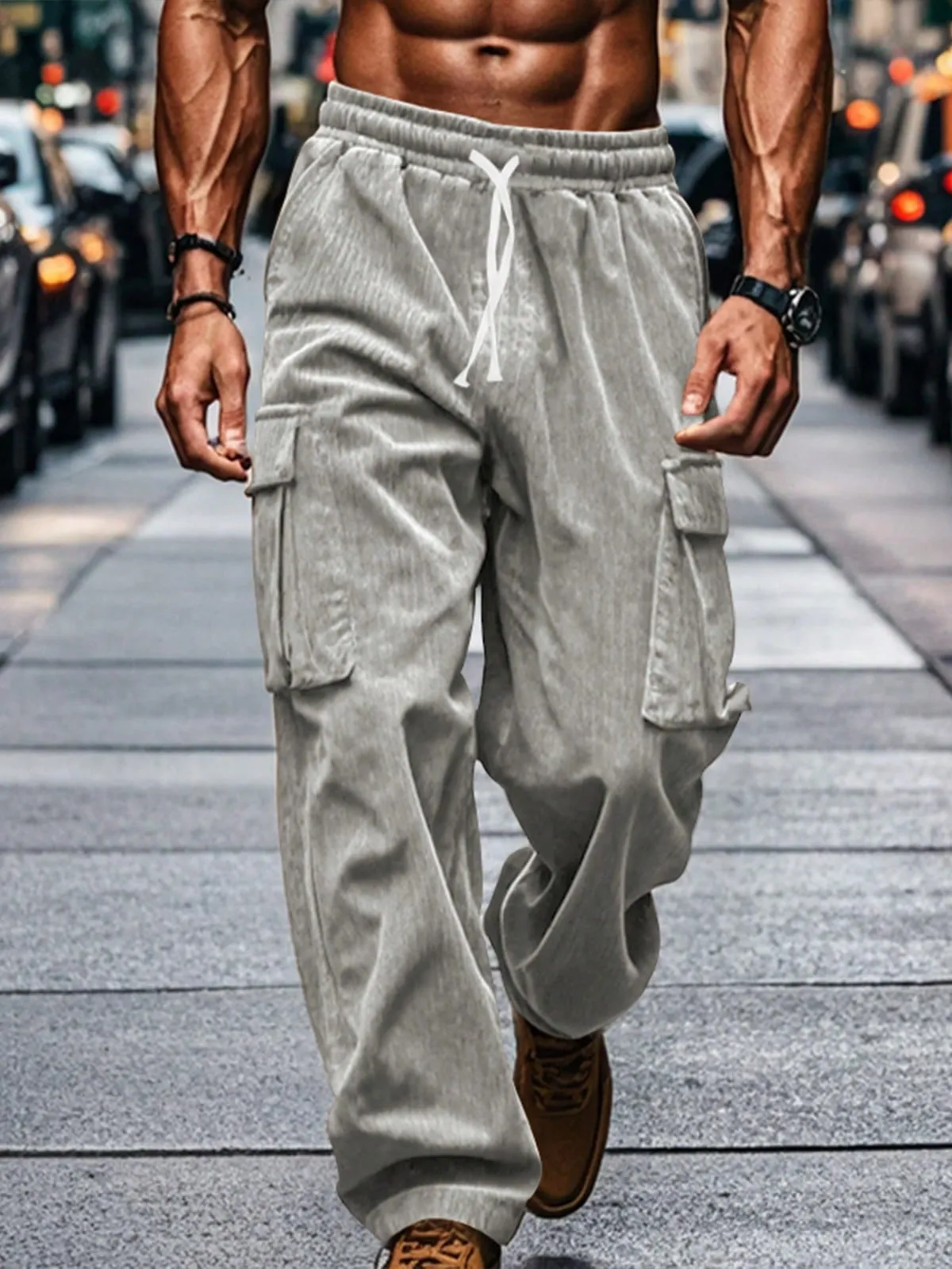 TRFIC TRFIC Men's Casual Cargo Pants Elastic Drawstring Waist Pants Straight-Legs Tactical Pants With Multi Pockets
