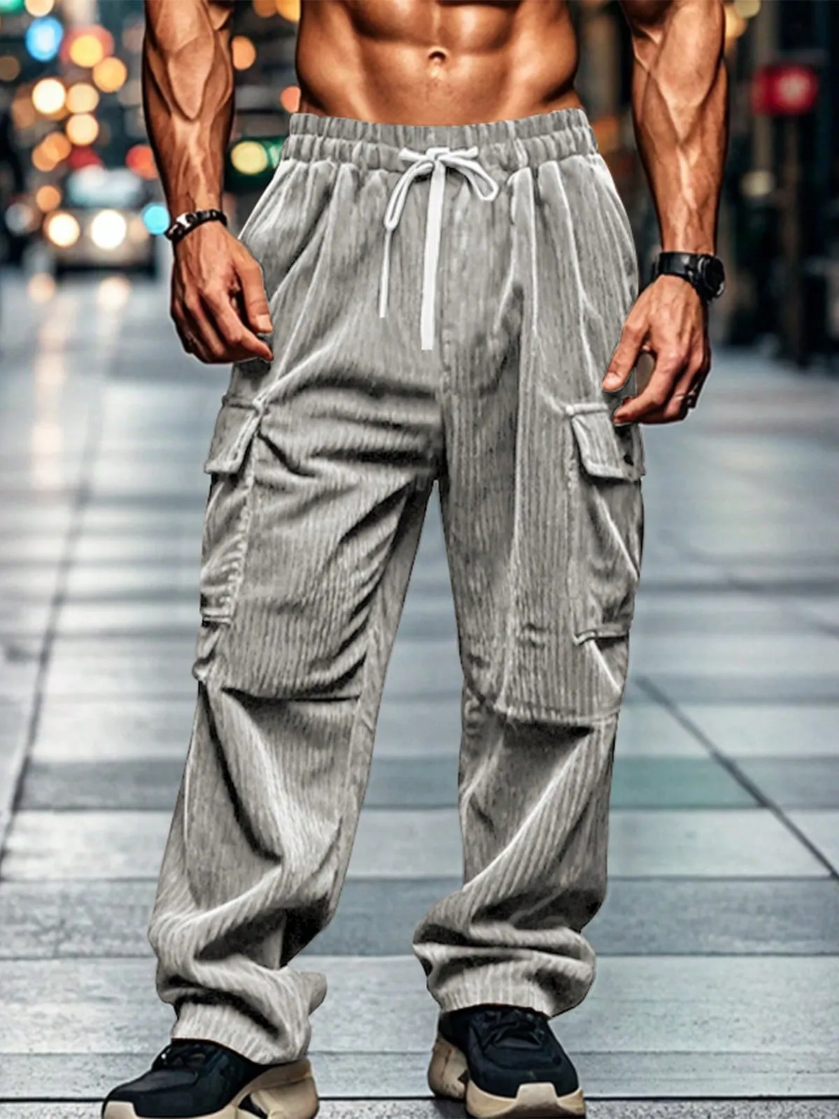 TRFIC TRFIC Men's Casual Cargo Pants Elastic Drawstring Waist Pants Straight-Legs Tactical Pants With Multi Pockets