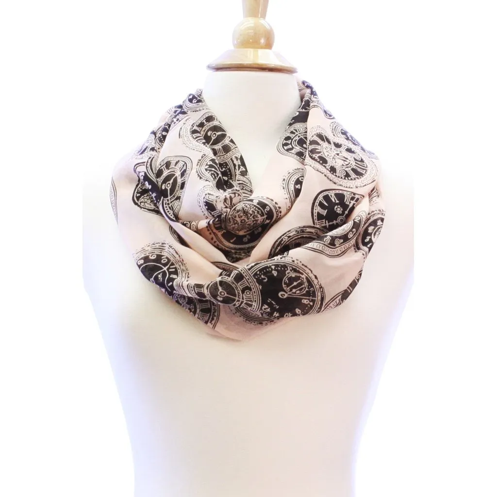 Vintage Clock Pink Wide Silk Blend Lightweight Infinity Scarf