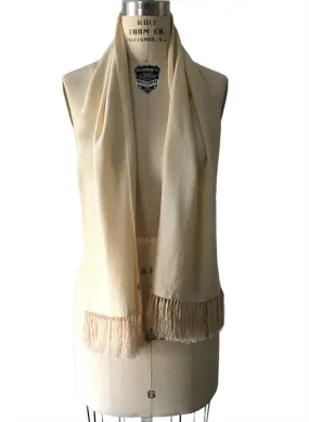 VINTAGE cream 100% silk crepe de chine evening scarf w/ fringe, 11" x 56"