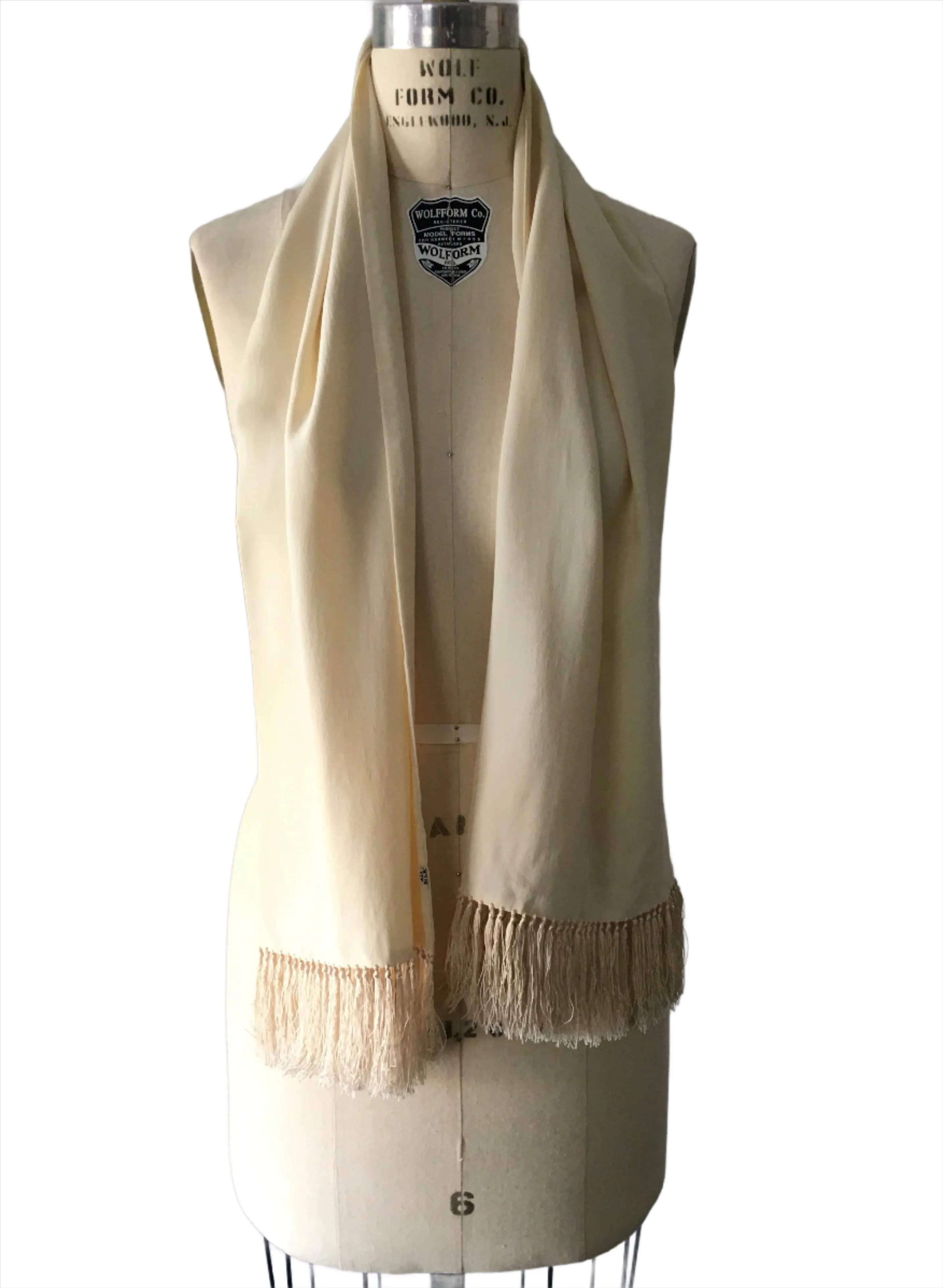 VINTAGE cream 100% silk crepe de chine evening scarf w/ fringe, 11" x 56"