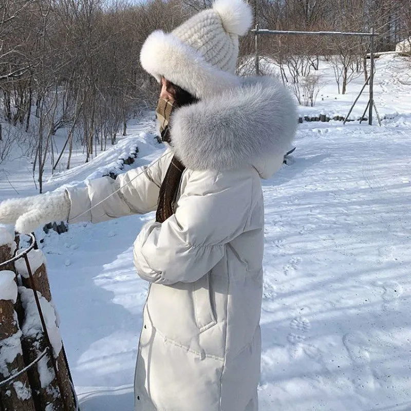 White Duck Down Jacket Women's Mid-length Big Fur Collar Loose Thick