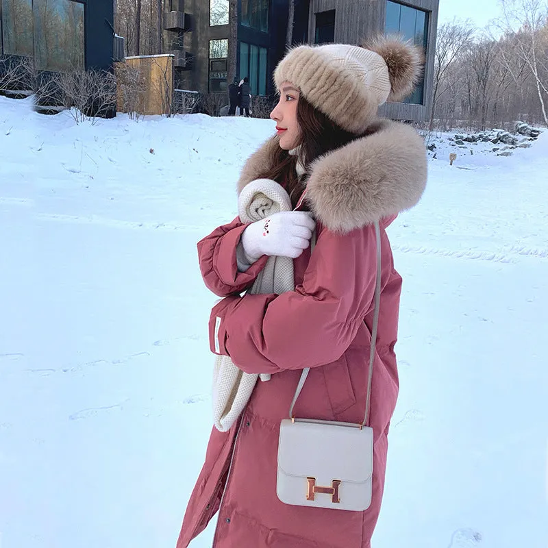 White Duck Down Jacket Women's Mid-length Big Fur Collar Loose Thick