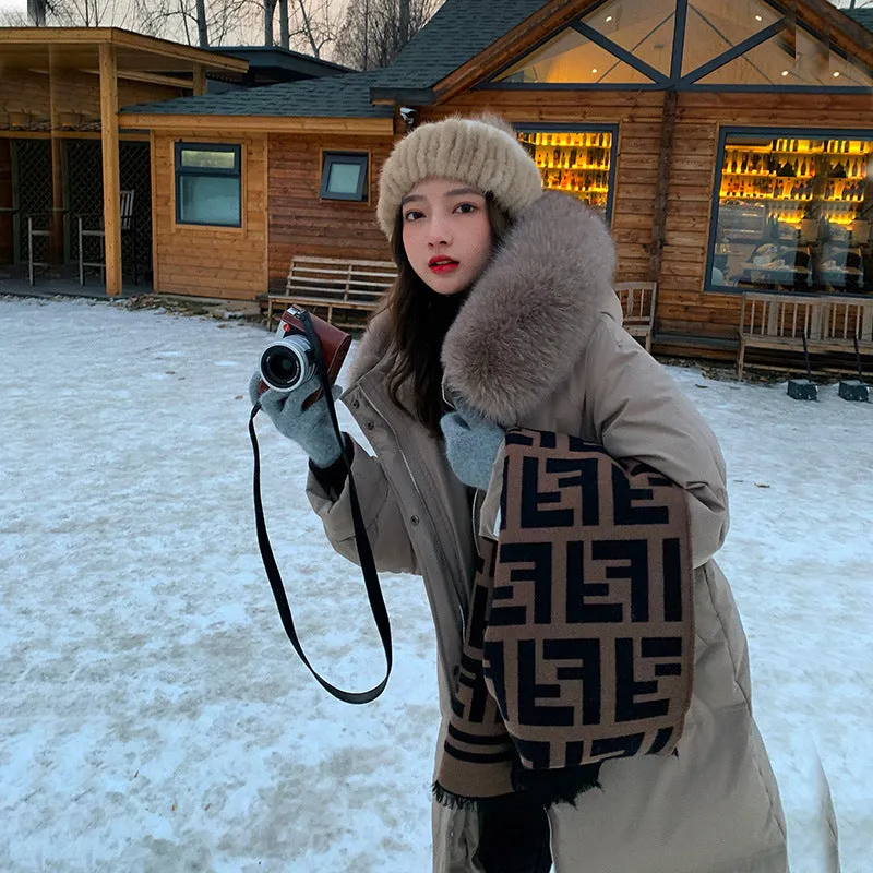 White Duck Down Jacket Women's Mid-length Big Fur Collar Loose Thick