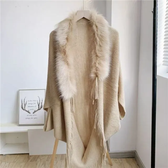 Winter Ponchos Shawls For Women | Faux Fur Collar