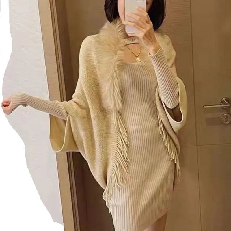 Winter Ponchos Shawls For Women | Faux Fur Collar
