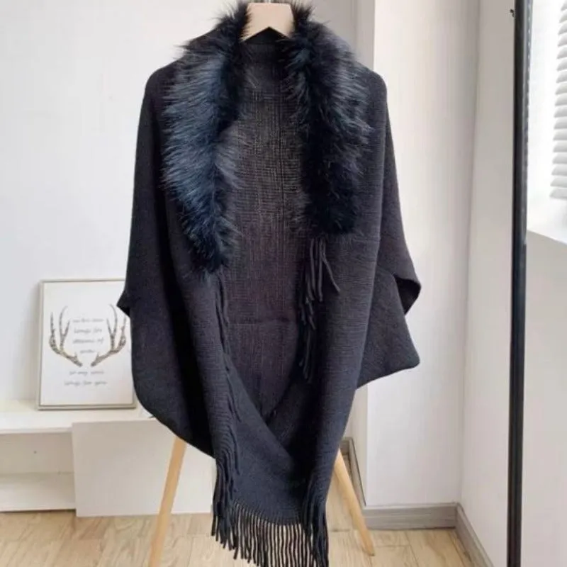 Winter Ponchos Shawls For Women | Faux Fur Collar