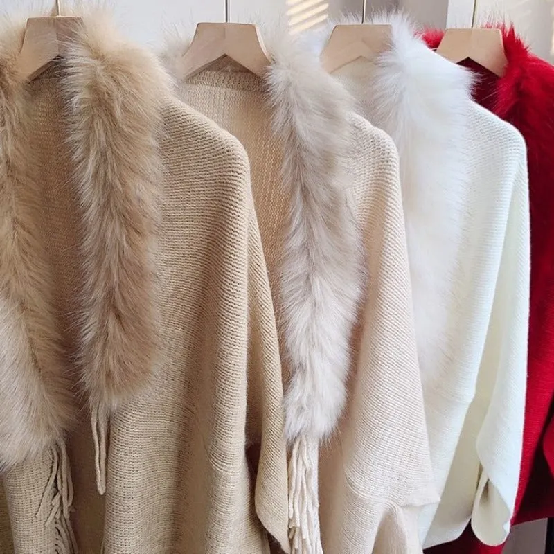 Winter Ponchos Shawls For Women | Faux Fur Collar
