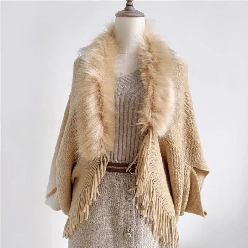 Winter Ponchos Shawls For Women | Faux Fur Collar