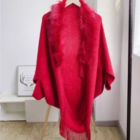 Winter Ponchos Shawls For Women | Faux Fur Collar