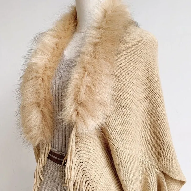 Winter Ponchos Shawls For Women | Faux Fur Collar