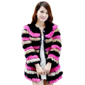 Women Rabbit Fur Coat small knitted rabbit fur women's fur coat medium-long o-neck