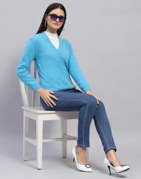 Women Turquoise Blue Solid V Neck Full Sleeve Cardigan