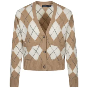 Womens Argyle Wool V-Neck Cardigan Camel Multi - SS24