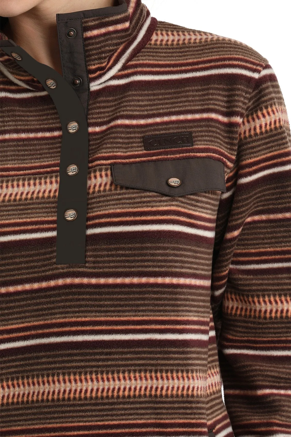 Women's Striped Fleece Pullover - Brown/Coral - (MAK9819009)
